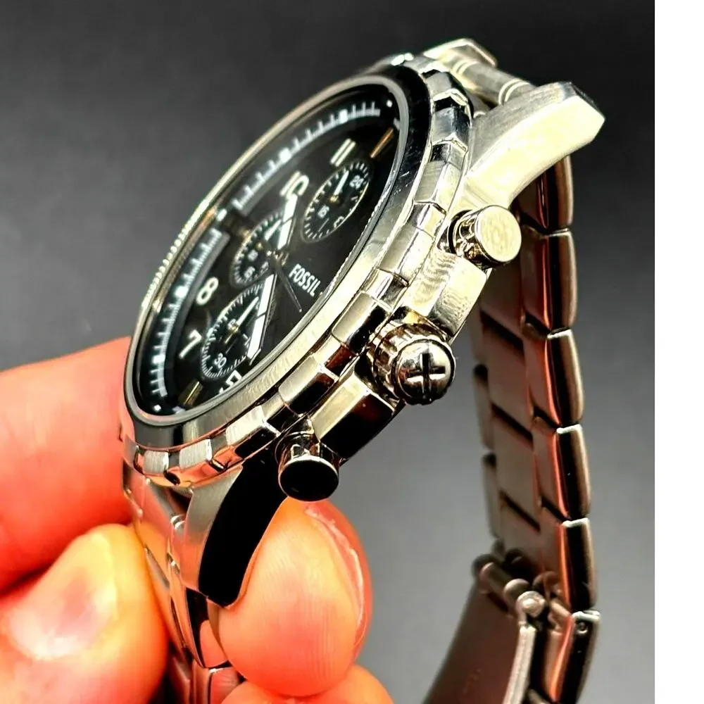 Fossil Dean FS4542 Black Chronograph Silver Tone Stainless Steel Watch 45mm